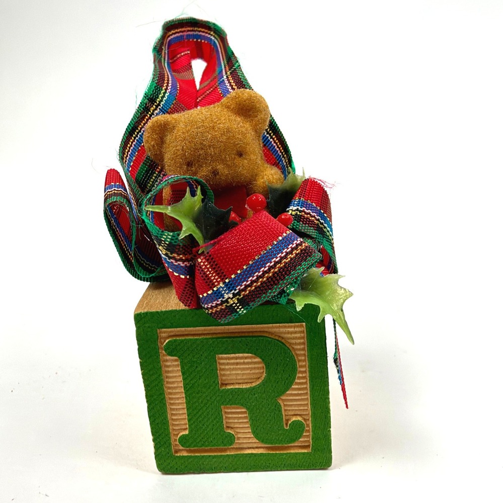 Vintage Wooden Alphabet Block Teddy Bear Christmas Ornament - Plaid Bow - 4.5in